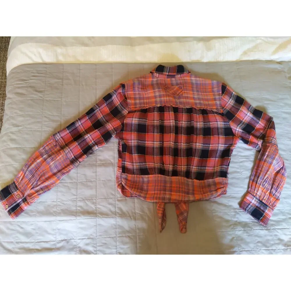 Free People We The Free Pink Orange Plaid Tie Front Western Shirt Medium - Picture 4 of 7